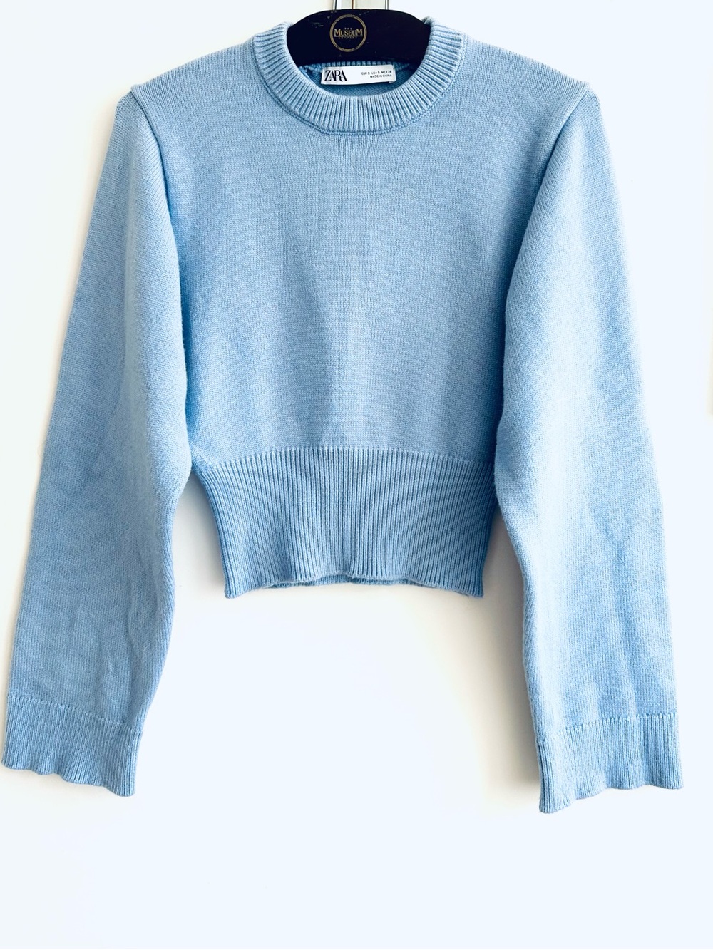 ZARA Pastel Blue Knit Cropped Crewneck, S